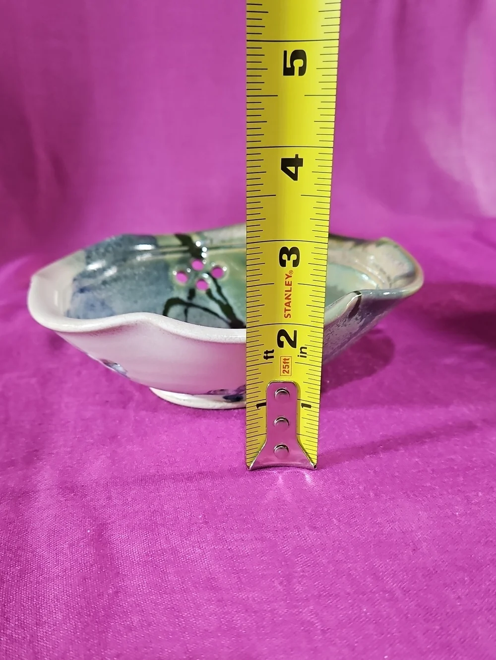 Artisan Crafted/Signed Ceramic Berry Strainer/Colander in Cream, Green and Blue